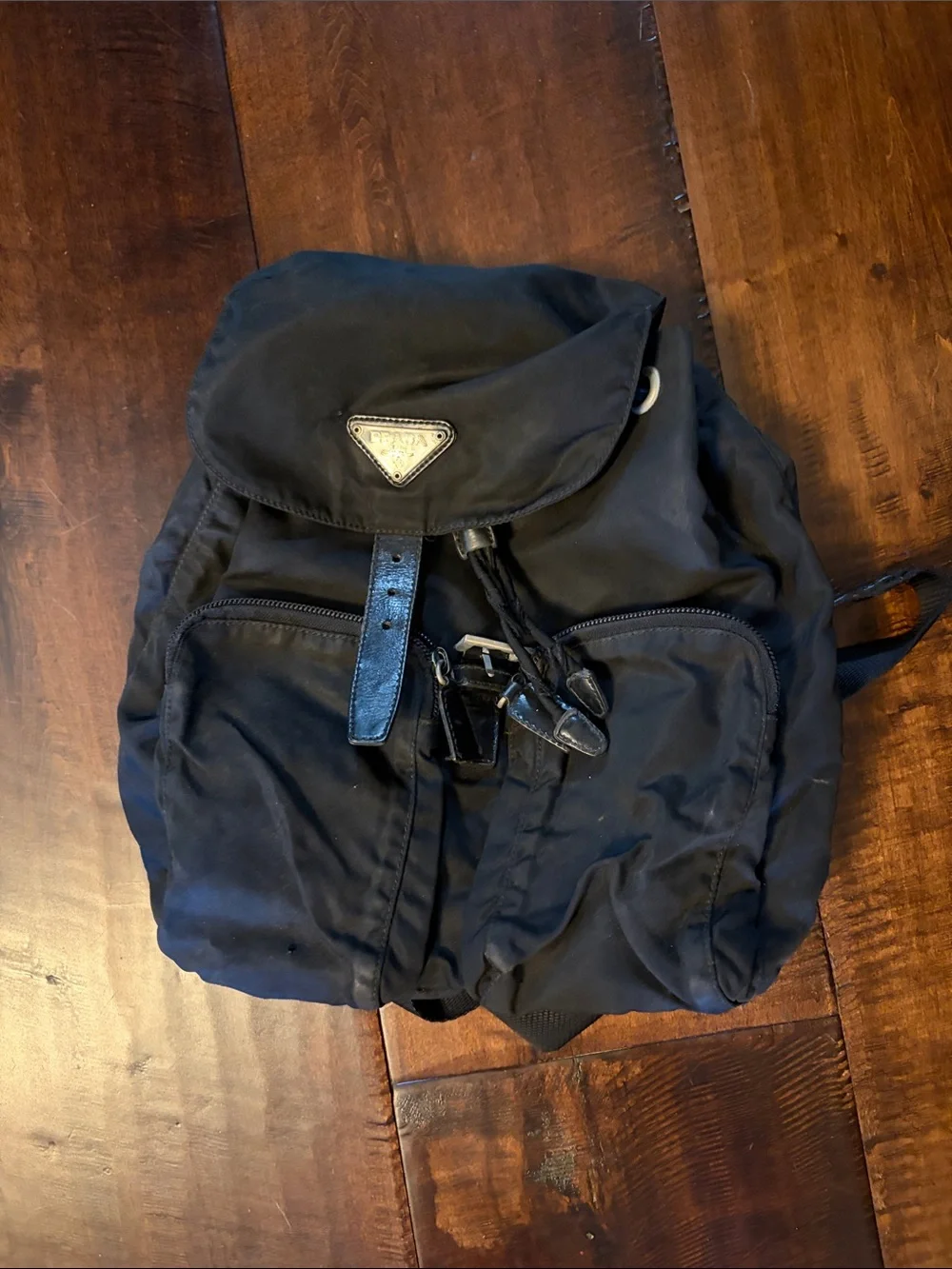 Prada Black Nylon Drawstring Backpack with Leather Trim